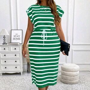 Striped Green & White Drawstring Waist Midi Dress